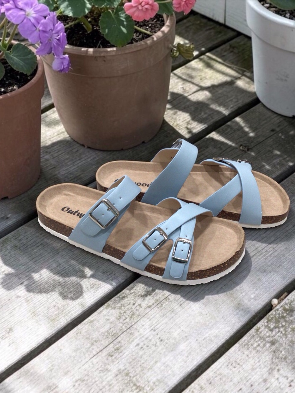 Outwoods Slide Sandals Womens 9 or 10 Lt Blue Buckle Straps Comfort Flat New
